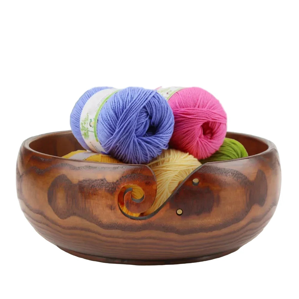 Garnzeit Runde Wollschale aus Holz mit Öffnungen – Knäuel-Halter für Stricken und Häkeln